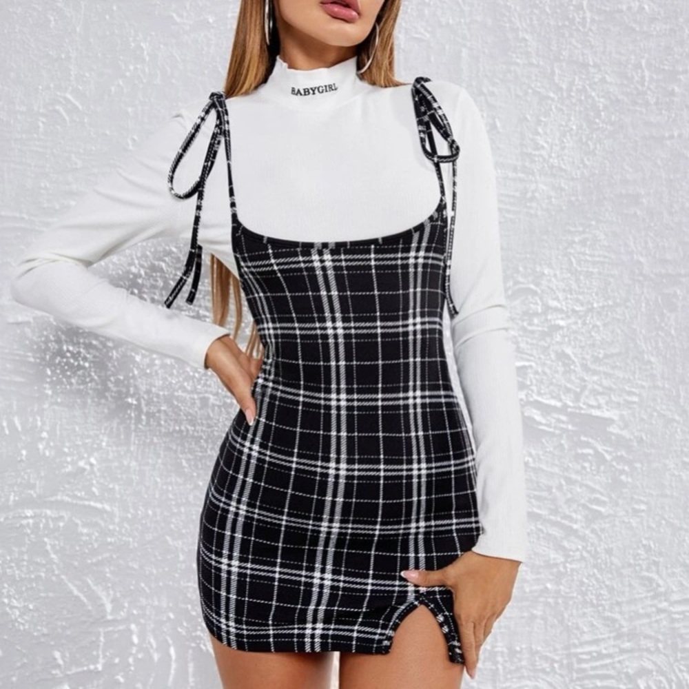 Black and white plaid tied spaghetti strap dress